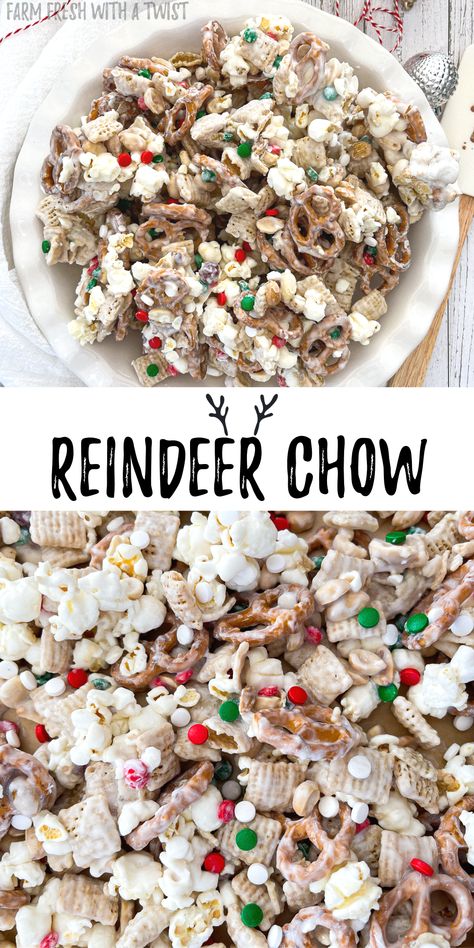 White chocolate reindeer chow in a bowl that is topped with Christmas sprinkles. Christmas Trash Recipe, Chex Mix Recipes Christmas, Reindeer Chow Recipe, Christmas Snack Mix, Reindeer Chow, Chow Recipe, Chocolate Chex, Puppy Chow Recipes, Christmas Baking Recipes