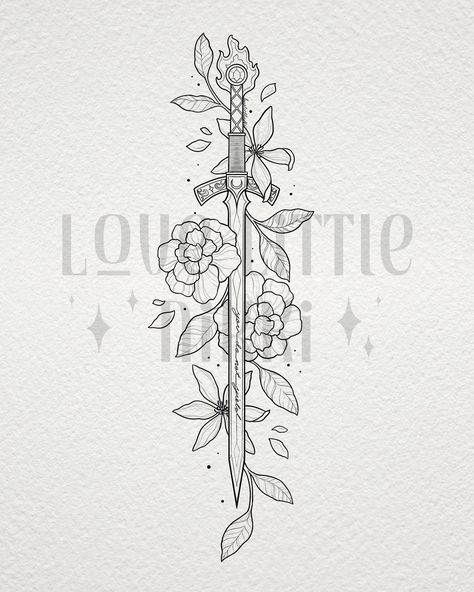 Gorgeous floral sword for Darlene 🗡️🌸 she wanted her favorite flowers incorporated into this Goldryn piece, Jasmine and Carnations 💐 #goldryn #tattooart #throneofglass Kingsflame Flower Tattoo, Goldryn Tattoo Tog, Sara J Maas Tattoos, Dagger With Flowers Tattoo, Goldryn Tattoo, Flower Spine Tattoos, Artsy Tattoos, Bookish Tattoos, Fantasy Tattoos