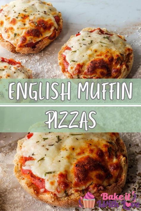 English muffin pizzas are a fun and easy snack or meal that can be made with just a few simple ingredients! Load them up with some sauce, cheese, and pepperoni (or any of your favorite toppings), and then bake them in the oven! They will definitely satisfy your pizza craving in a snap! BakeItWithLove.com English Muffin Pizzas Recipe, English Muffin Pizza Oven, English Muffins Ideas, Pizza Muffins Recipe, Pizza Craving, Oregano Recipes, Mini Pizza Recipes, Parmesan Pizza, Pizza Oven Recipes