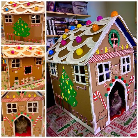 Christmas Cat house I made from a cardboard box. Diy Cat Gingerbread House, Gingerbread House For Cats, Cardboard Diy For Cats, Diy Christmas Cat House, Cardboard Cat Gingerbread House, Gingerbread Cat House, Cat Gingerbread House, Cat Friendly Christmas Decor, Cardboard Box Crafts For Cats