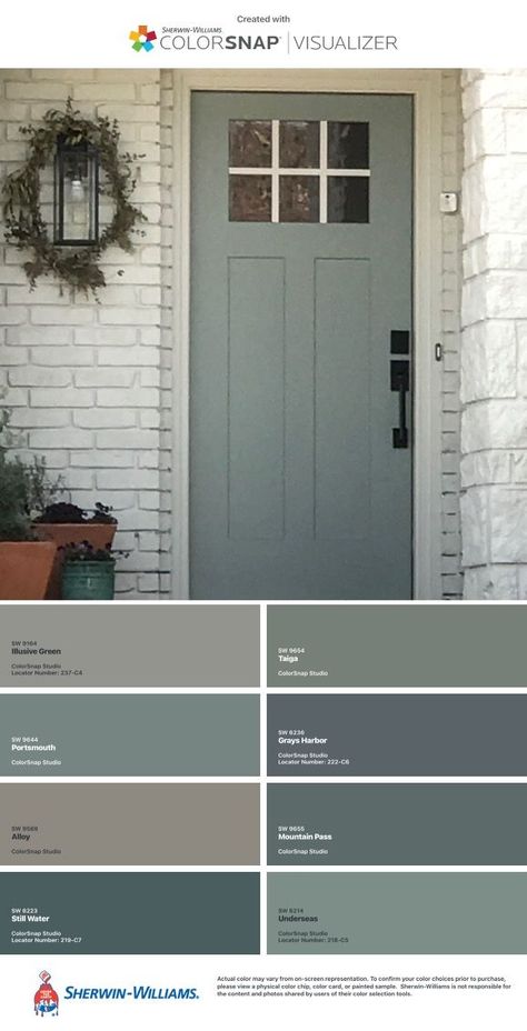 Front Door Colors For Cream Colored House, Gray Siding Door Color Ideas, Greenish Blue House Exterior, Cottage Outdoor Paint Colors, Magnolia Front Door Colors, Green Exterior House Colors Farmhouse Sherwin Williams, Blue Green Grey Exterior House Colors, Craftsman House Paint Colors, Front Door Colors Interior Entryway