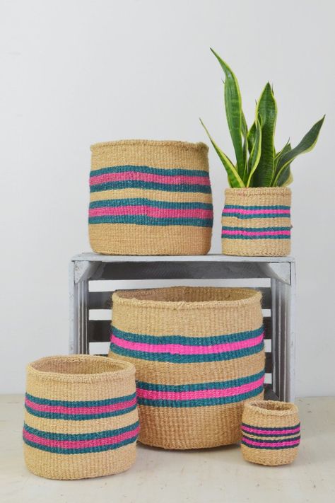 Turquoise and Pink Kenyan baskets (choice of 5 sizes) - Baskets and Storage - Decorator's Notebook Kenyan Baskets, Turquoise And Pink, Unusual Home, Log Baskets, Jute Tote Bags, African Baskets, Handmade Baskets, Organic Matter, Pink Turquoise