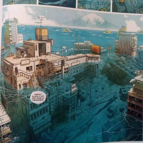 Flooded Apocalypse, Post Apocalyptic Architecture, Flooded City, Post Apocalyptic Art, Architecture Design Drawing, Architecture Drawing Art, Mary Shelley, Art Carved, Cartoon Character Design