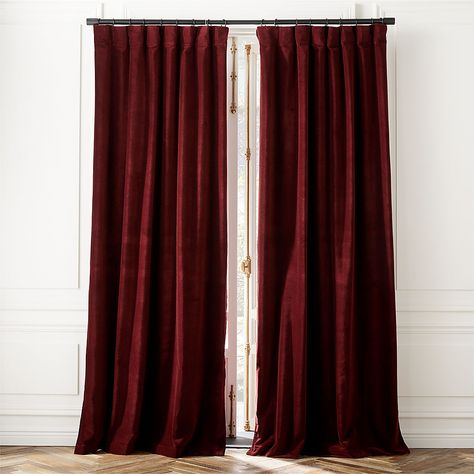 Modern Room Darkening curtains | CB2 Red Curtains Living Room, Red Velvet Curtains, Velvet Drapery, Burgundy Curtains, Drapery Hooks, Brown Curtains, Magical Realism, Pink Curtains, Green Curtains