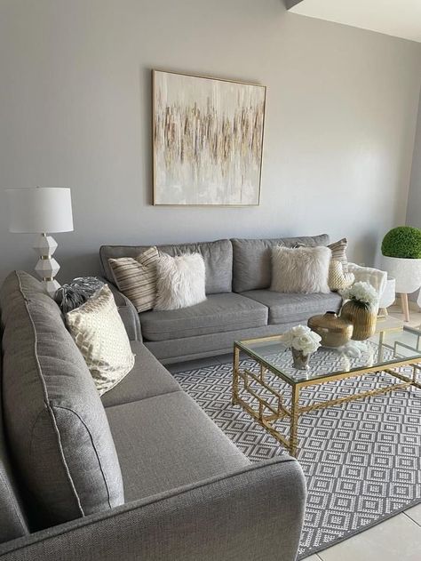 White Cream And Grey Living Room, White Grey Gold House Decor, Grey Ivory Living Room, Grey And Bronze Living Room, Grey Lounge Sofa, Couches For Grey Walls, Grey And Gold Apartment, Grey And Neutral Living Room Cozy, Gray White Tan Living Room