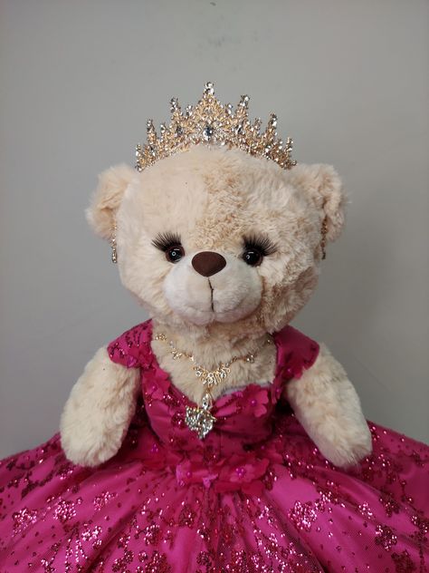 Quinceañera/Sweet 16  Teddy Bear Dress with bow and train.   20" height with the stand (cone) Crown, necklace and earrings silver or gold. Dress is designed as shown in the images but can be made in different colors. Sweet 16 Pink And Gold Theme, Quince Hot Pink, Hot Pink Quince, Quince Bear, Quince Doll, Hot Pink Sweet 16, Hot Pink Quinceanera Dresses, Pink And Gold Quince, Teddy Bear Dress