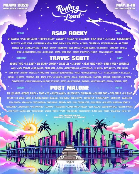 Rolling Loud Line Up 2020 Miami, Florida #RollingLoud2020 #RollingLoud #Festival #Miami #Music Rolling Loud Festival, Rolling Loud Miami, Hip Hop Festival, Famous Dex, Event Posters, Rolling Loud, Summer Music Festivals, Festival Flyer, Music Festival Poster