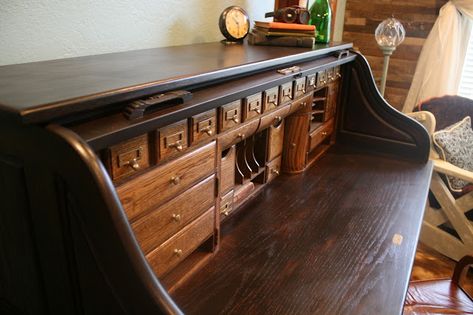 Roll Top Desk Makeover Ideas, Rolltop Desk Office, Roll Top Desk Makeover, Rolltop Desk Makeover, Redone Roll Top Desk, How To Refinish A Roll Top Desk, Roll Top Desk Bookshelf, Roll-top Desk, Wood Finishing Techniques