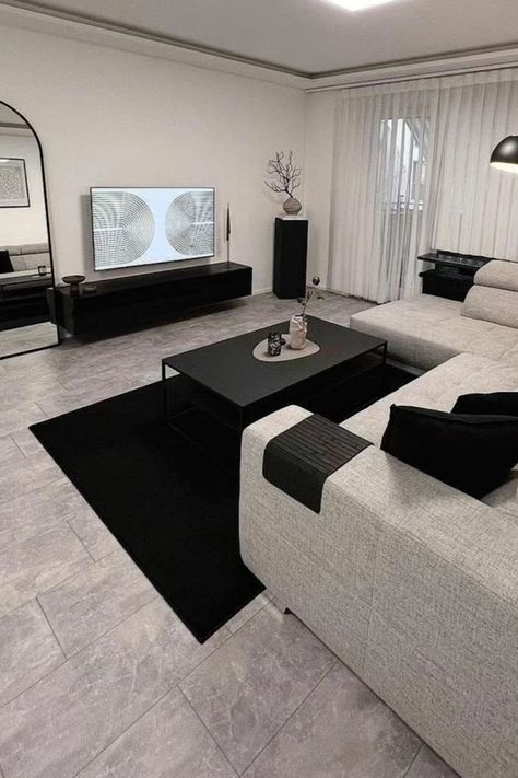 25 Minimalistic Living Room Decor Ideas Black And Neutral Living Room Apartment, Black And White Living Room Apartment, Uncluttered Living Room, Minimalistic Living Room, Bedroom Tile, Black Living Room Decor, Modern Apartment Living Room, Black Bedroom Decor, White Living Room Decor