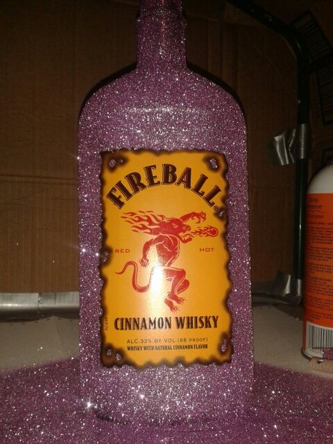 Purple glitter fireball bottle = gorgeous :) Decorated Fireball Bottle, Sparkle Alcohol Bottle, Fireball Aesthetic, Glitter Alcohol Bottle, Glitter Vodka, Fireball Bottle, Alcohol Bottle Decorations, Alcohol Pictures, Glitter Wine Bottles