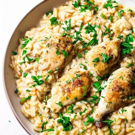 Creamy Chicken Risotto Recipe with Fresh Herbs - Instacart Chicken Thigh Risotto, Rissoto Chicken Recipes, Creamy Chicken Risotto, Chicken Risotto Recipe, Risotto Recipes Chicken, Fresh Herb Recipes, Chicken Risotto, Risotto Recipe, One Pot Chicken