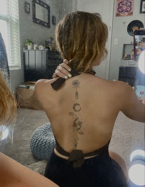 Spiritual Spine Tattoo, Back Tattoo Spiritual, Spinal Fusion Tattoo, Spiritual Spine Tattoos, Spiritual Tattoos For Women Universe, Spiritual Back Tattoos, Spinal Tattoo, Fashion Mark, Back Tats