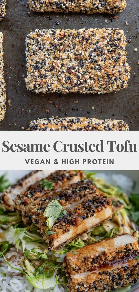 This sesame crusted tofu layers in flavor through the marinade, batter and breading. Extra crispy, packed with protein and flavor. Sesame Crusted Tofu, Crusted Tofu, Breaded Tofu, Gluten Free Panko, 30 Minute Meals Easy, Tempeh Recipes, Shredded Brussel Sprouts, High Protein Vegan, Hoisin Sauce