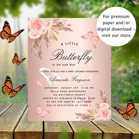 $1.15 | Baby shower butterfly pampas budget invitation #baby shower, butterfly, butterflies, baby girl, rose gold, blush pink, boho bohemian style, pampas grass, flowers floral, budget baby shower invitation Pampas Grass Invitation, Luxury Baby Shower, Butterfly Baby Shower Invitations, Grass Flowers, Budget Baby Shower, Butterfly Invitations, Boho Baby Shower Invitations, Invitation Flyer, Luxury Invitation