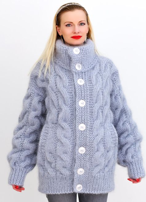 Fuzzy Cable Knit Gray Mohair Jacket Hand Knitted Winter Thick - Etsy India Ladies Cardigan Knitting Patterns, Winter Mode Outfits, Handmade Knitwear, Aran Sweater, Mohair Cardigan, Thick Sweaters, Knitwear Fashion, Knitted Coat, Sweater Knitting Patterns