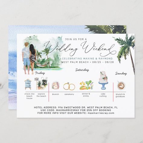 Wedding Weekend Itinerary | Tropical Beach Invitation | Zazzle Event Timeline, Destination Wedding Itinerary, Wedding Weekend Itinerary, Beach Invitations, Florida Keys Wedding, Key West Wedding, Wedding Itinerary, Weekend Itinerary, Wedding Week