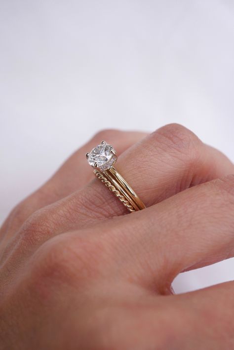 Stacked Wedding Bands With Solitaire Simple, Womens Gold Wedding Band Simple, Single Diamond Ring With Wedding Band, Wedding Band Sizes Mm, Wedding Ring And Wedding Band, Simple Wedding Stack Rings, Mix Matched Wedding Bands, Gold Ring Wedding Band, Minimalist Wedding Rings Set