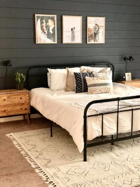 Black White Rustic Bedroom, Boho Bedroom Black Metal Bed, King Size Bed Black Bedroom Furniture, Master Bedrooms Metal Beds, Black Metal Bed Frame Dark Wall, Black Metal Bed Frame Accent Wall, Black Bed Frame Bedroom Ideas Boho, Gray Metal Bed Frame Bedroom Ideas, Black Framed Bed Bedroom Ideas