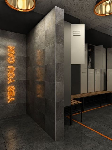 Fitness Gym Interior Design, Fitness Gym Interior, Boutique Gym, Industrial Theme, Interior Design Behance, Gym Design Interior, Fitness Boutique, Gym Lockers, Gym Interior