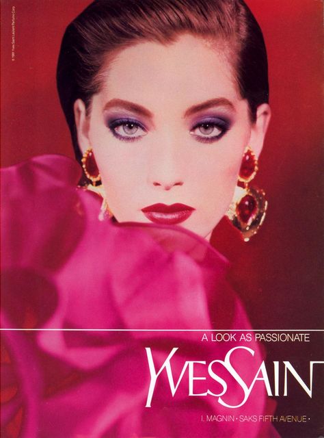 One page of a Yves Saint Laurent beauty ad as seen in Vogue March 1991. Model: Lucie de la Falaise. #vintagebeauty #vintageads 80s Beauty Ads, 90s Beauty Ads, Yves Saint Laurent 70s, 1990s Makeup, 1980s Makeup, Yves Saint Laurent Makeup, Ysl Makeup, Vintage Makeup Ads, 80s Makeup