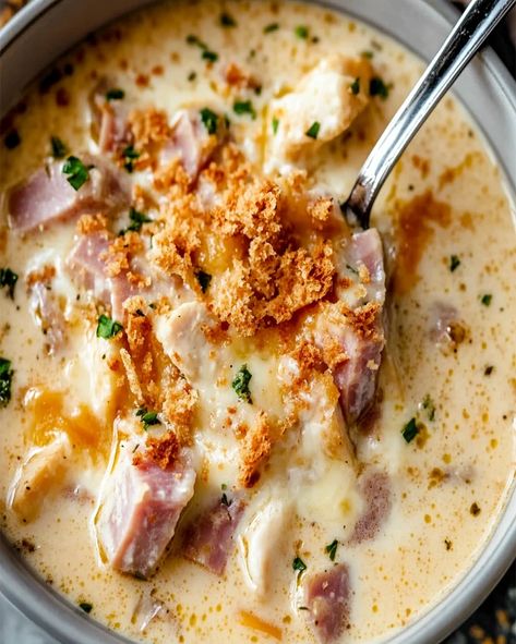 Enjoy this easy Chicken Cordon Bleu Soup recipe, packed with creamy flavors of chicken, ham, and Swiss cheese in one comforting bowl. Chicken Cordon Bleu Soup Crockpot, Chicken Cordon Bleu Soup Recipe, Chicken Cordon Blue Easy, Chicken Ham And Swiss, Chicken Cordon Bleu Soup, Cordon Bleu Soup, Easy Chicken Cordon Bleu, Swiss Chicken, Ham And Swiss