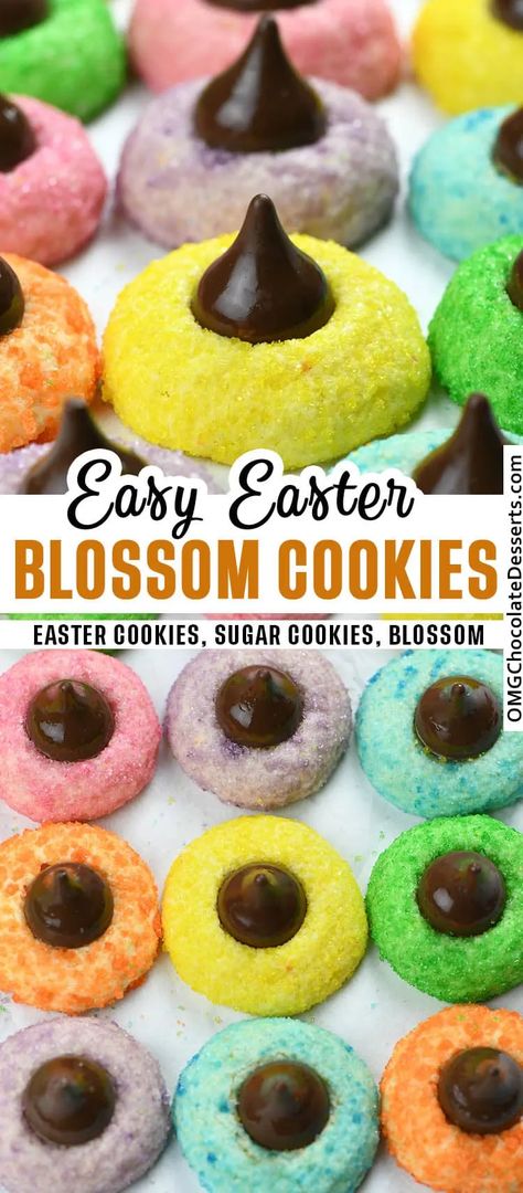 Easter Blossom Cookies are easy to make, super cute and festive Easter dessert. These colorful cookies are a delicious treat and perfect addition to the Easter table. Easter Kiss Cookies, Blossom Cookies Recipe, Colorful Cookies, Fruit Sugar, Easy To Make Cookies, Easter Snacks, Easter Sweets, Blossom Cookies, Kiss Cookies