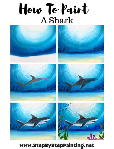 Shark Painting - Step By Step Online Acrylic Tutorial Shark Painting Acrylic Easy, Cute Shark Painting, Shark Painting Ideas, Diy Canvas Art Painting Step By Step, Fish Painting Tutorial, Shark Painting Easy, Shark Acrylic Painting, Step By Step Canvas Painting Easy, Shark Canvas Painting