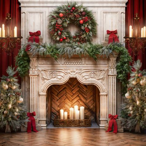 Kate Christmas Tree Fireplace Red Backdrop Designed by Emetselch Christmas Tree Fireplace, Christmas Tree And Fireplace, Party Portrait, Santa Experience, Fireplace Christmas, Brick Backdrops, Garden Backdrops, Red Backdrop, Wood Backdrop