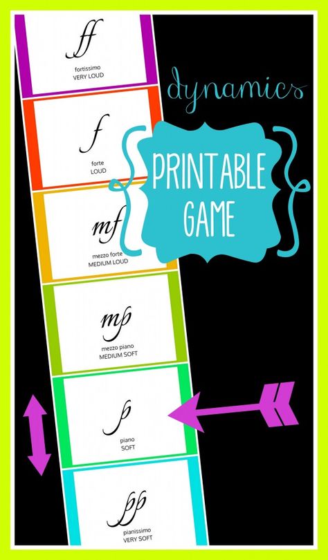 FREE Printable Dynamics Game - make a very simple and fast dynamics poster chart with an arrow and use singing loud and soft to help a student find a hidden object. Lots of fun for children of all ages! | VanillaJoy.com Music Dynamics, Music Bulletin Boards, Music Classroom Decor, Elementary Music Class, Elementary Music Lessons, Tin Whistle, Teaching Game, Music Curriculum, Elementary Music Classroom