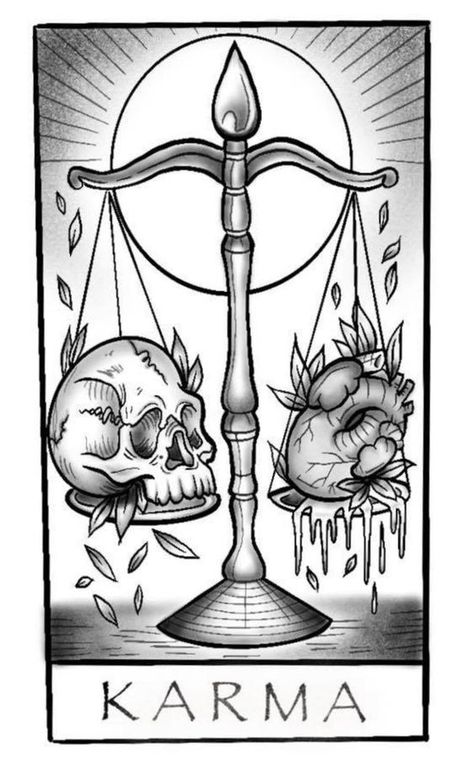 Karma Drawing, Tattoo Karma, Karma Tattoo, Tarot Tattoo, Tarot Card Tattoo, Card Tattoo Designs, Ben Heine, Witch Tattoo, Flash Tattoo Designs