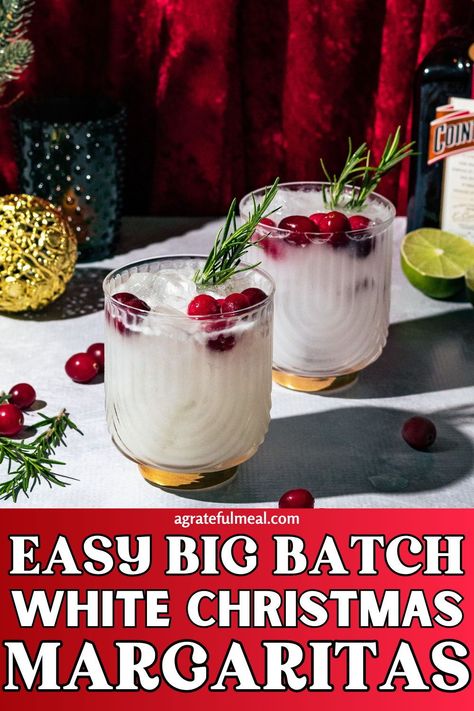 These white Christmas margaritas are perfect for one or a crowd, making it perfect for Holiday or Christmas parties. Made with coconut tequila, Cointreau triple sec, lime juice, and cream of coconut, they are creamy and delicious. They're the perfect festive drink recipe for the holiday season. Whether you're hosting a holiday party or just want a festive cocktail at home, these white Christmas margaritas are sure to be a hit. You can even serve these as a Thanksgiving or New Years cocktail! Creamy Tequila Drinks, Coconut Margarita Christmas, Batch Christmas Cocktail, Christmas Margaritas, White Christmas Margarita, Holiday Vodka Cocktails, New Years Cocktail, Holiday Margaritas, Coconut Tequila