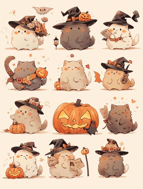 Autumn Animals Illustration, Character Art Ideas, Spooky Png, Chat Halloween, Spooky Stickers, Halloween Sticker, Hello Kitty Drawing, Pumpkin Art, Halloween Drawings