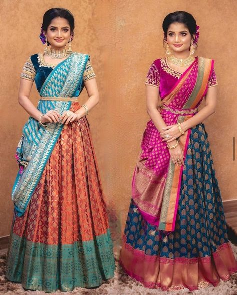 Silk Half Saree, Half Saree Function, Ghaghra Choli, Lehenga Saree Design, Half Saree Lehenga, Lehenga Blouse Designs, Saree Lehenga, Half Saree Designs, Party Wear Lehenga