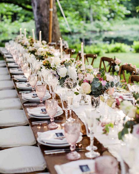 Farm To Table Dinner Party, Long Table Decor, Pink Goblets, Farm To Table Dinner, 25th Wedding Anniversary Party, Wedding Goblets, Backyard Farm, Martha Weddings, Violet Wedding