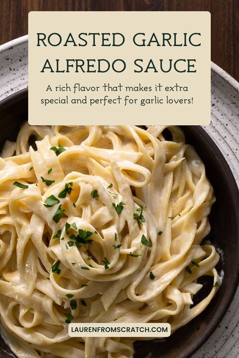 This creamy roasted garlic Alfredo sauce is a twist on the classic Alfredo sauce with savory roasted garlic. The roasted garlic adds a rich flavor to this sauce that makes it extra special and perfect for garlic lovers! Great for making chicken Alfredo, shrimp Alfredo, or white lasagna. Roasted Garlic Alfredo Sauce Recipe, Alfredo Noodles, Chicken Alfredo Sauce, Garlic Alfredo Sauce, Classic Alfredo Sauce, Garlic Pasta Sauce, White Lasagna, Baked Pasta Dishes, Pasta With Alfredo Sauce