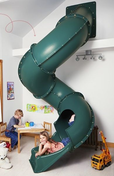 Indoor slide...how fun!....thinking of ideas for the kids playroom....since we can't have a playground outside Room With Slide, Indoor Slide, Modern Playroom, House Slide, Indoor Playhouse, Indoor Slides, Basement Playroom, Build A Playhouse, Indoor Kids