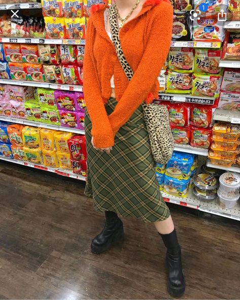 Unif Outfit, Unif Parker Boots, Kawaii Shorts, Long Plaid Skirt, Mid Calf Skirt, Yellow Cardigan, Orange Top, Knit Tees, Outfits Fashion