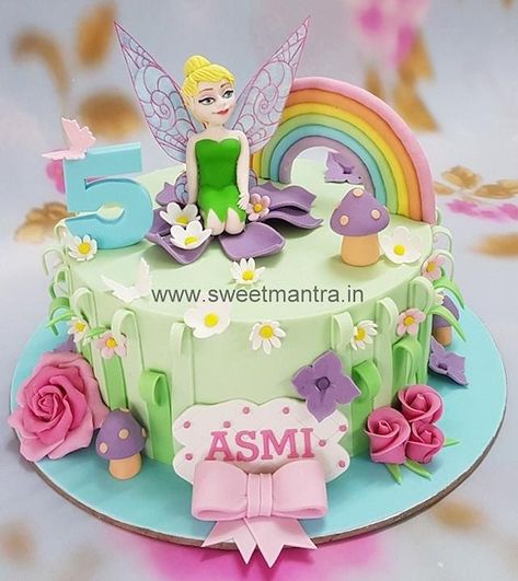 Tinker bell fairy theme fondant cake for girls birthday by Sweet Mantra - Customized 3D cakes Designer Wedding/Engagement cakes in Pune - https://cakesdecor.com/cakes/342502-tinker-bell-fairy-theme-fondant-cake-for-girls-birthday Fairy Birthday Cakes For Girls Kids, Rapunzel Birthday Cake, Birthday Cake Tutorial, Fairy Birthday Cake, Tinkerbell Cake, Princess Cakes, Designer Cake, 6th Birthday Cakes, Fairy Garden Birthday Party