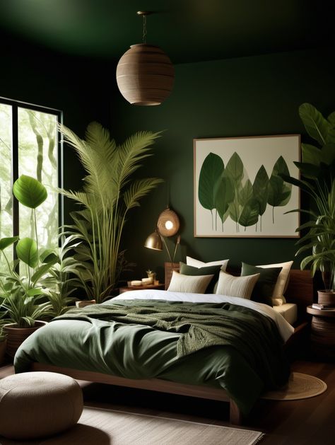 Dark Green Bedroom Ideas That Will Inspire You - Amanda Katherine Dark Green And Ivory Bedroom, Green Plants Bedroom Ideas, Plants In Master Room, Moss Green Room Aesthetic, Deep Green Master Bed, Emerald Green And Wood Bedroom, Emerald And Wood Bedroom, Green Leafy Bedroom, Dark Olive Green Bedroom Ideas