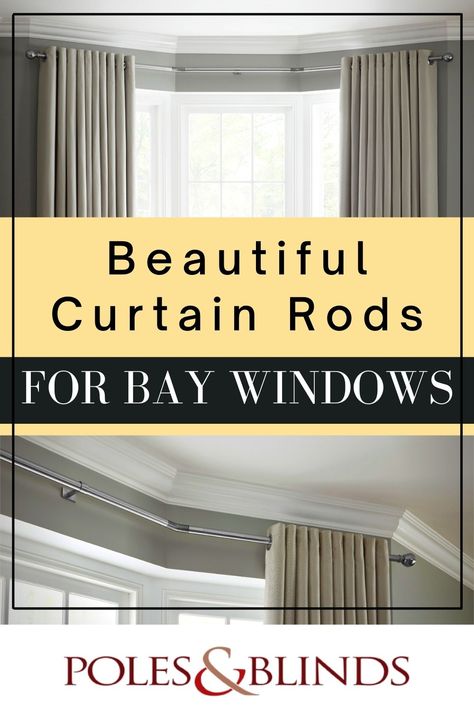 Curtain poles on bay windows Bay Window Double Curtain Rod Ideas, Curtain Rod For Bay Window, Purple Curtains Living Room, Curtain Rods For Bay Windows, Curtain Ideas For Bay Windows, Bow Window Curtains, Bay Window Curtain Ideas, Bay Window Curtain Poles, Modern Curtain Rods