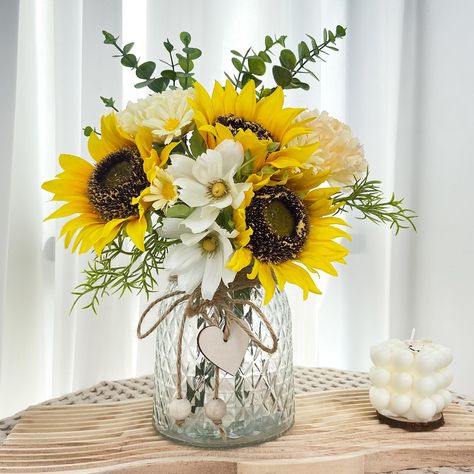 Womens Birthday Centerpieces, Sunflower Silk Flower Arrangements, Small Jar Flower Arrangements, Sunflower Thanksgiving Table, Small Sunflower Arrangements, Elegant Sunflower Centerpieces, Honey Bee Centerpieces Table Decorations, Fall Sunflower Centerpieces For Table, Small Fall Table Decor