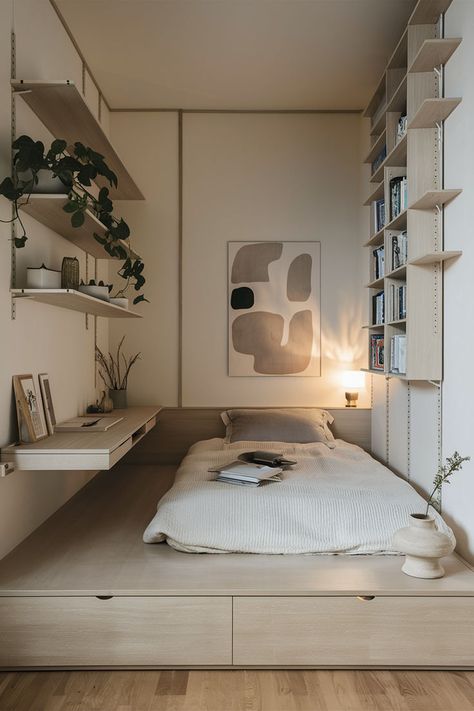 Compact Japandi bedroom with storage bed, foldable desk, and vertical shelving showcasing smart small-space solutions Japanese Room Bedrooms, Modern Japandi Bedroom, Minimalism Room, Japandi Bedroom Ideas, Bedroom Small Space, Japandi Bedroom Design, Flexible Workspace, Low Platform Bed, Modern Japandi