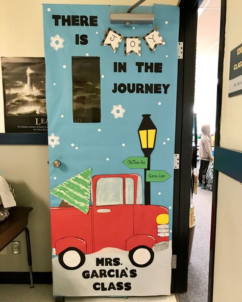 Red truck decor, classroom door for December Red Truck Door Decorating Contest, Red Truck Christmas Classroom Door, Red Truck Bulletin Board, December Classroom Door Ideas, Preschool Decorations, Winter Door Decorations Classroom, Winter Classroom Door, Class Door Decorations, Hallway Decorations