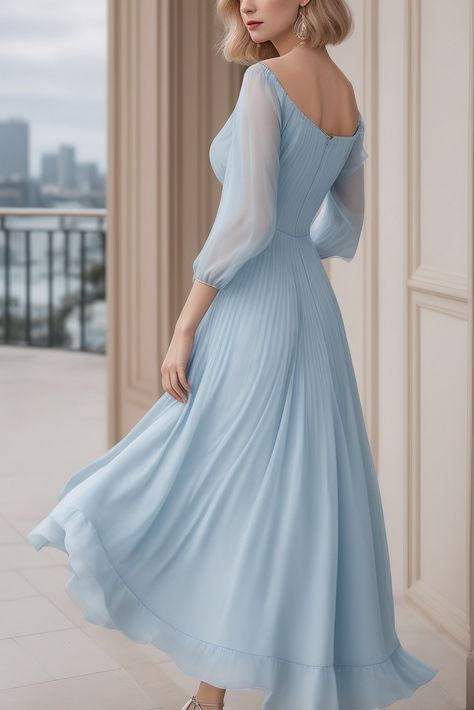 When it comes to light blue dress ideas, consider these stunning options:
1. A flowy evening dress with sheer puff sleeves will make you elegant and graceful for any soirée.
2. For a more casual yet chic look, choose an off-shoulder top paired with a pleated satin skirt. Ideal for a stylish day out or a semi-formal event.
3. If you're gearing up for prom night, a chiffon A-line dress with delicate beading and sheer sleeves will make you the belle of the ball. Blue Dress Ideas, Icy Blue Dress, Light Blue Dress Formal, Ocean Collage, Pleated Satin Skirt, Blue Skirt Outfits, Powder Blue Dress, Grey Blue Dress, Modern Dresses