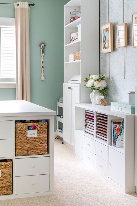 See how we transformed a rarely used guest room into the ultimate craft room studio! Get ideas for craft room furniture, craft room organization, and more. Cricut Storage Ideas, Ultimate Craft Room, Craft Room Organization Ideas, Cricut Storage, Craft Room Ideas, Room Organization Ideas, Craft Room Furniture, Sewing Room Design, Kids Playroom Decor