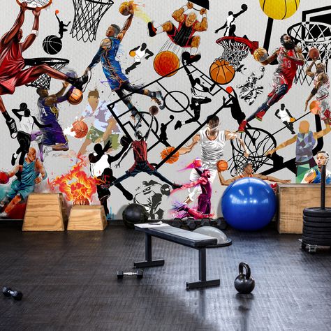 Sport Graffiti, Wallpaper Basketball, Workout Wall, Gym Wallpaper, Boy Room Decor, Basketball Wall, Basketball Wallpaper, Sports Wall, Graffiti Wallpaper