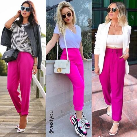 Pink Pants Outfit 2023, Outfit With Hot Pink Pants, Style Hot Pink Pants, Hot Pink Pants Outfit Casual, Outfit Pantalon Rosado, Hot Pink Wide Leg Pants Outfit, Pink Work Pants Outfit, Pink Pants Work Outfit, Pink Holiday Outfits