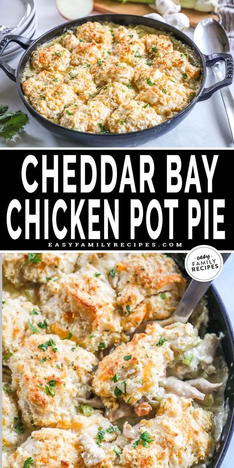 Easy comfort food! This Cheddar Bay Biscuit Chicken Pot Pie has the best combination of flavors! With a creamy chicken and veggie filling topped with cheesy biscuits, and cooked until bubbling and golden-lidded, it’s so delicious. With a couple of easy shortcuts, this homemade cheddar bay chicken pot pie takes only 20 minutes hands-on prep and 20 minutes to bake. This easy chicken pot pie recipe is perfect for busy weeknights and the whole family will love it! Chicken Pot Pie Using Red Lobster Biscuits, Cheddar Bay Biscuit Chicken Pot Pie, Lazy Chicken Pot Pie, Cheddar Bay Chicken, Chicken Pot Pie With Biscuits, Chicken Leftovers, Biscuit Chicken Pot Pie, Tuesday Dinner, Cheesy Biscuits