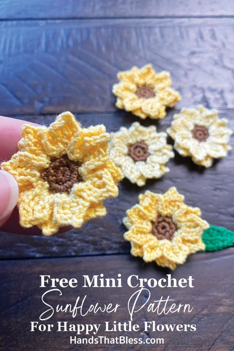 Free Mini Crochet Sunflower Pattern For Happy Little Flowers - Hands That Bless Crochet Pattern For Sunflower, Micro Crochet Sunflower, Mini Crochet Sunflower Pattern Free, Mini Crochet Flower Pattern, Crochet Small Sunflower Free Pattern, Small Sunflower Crochet Pattern, Mini Crochet Sunflower, Small Crochet Sunflower, Crochet Sunflower Pattern Free