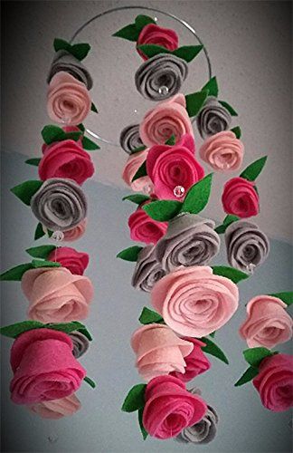 Handmade Nursery Candy Pink, Baby Pink and Gray Felt Rose Mobile * Visit the image link more details. Rose Mobile, Floral Ceiling, Pink And Gray Nursery, Hanging Crib, Felt Rose, Grey Nursery Decor, Gray Nursery, Flower Hanging, Felt Roses